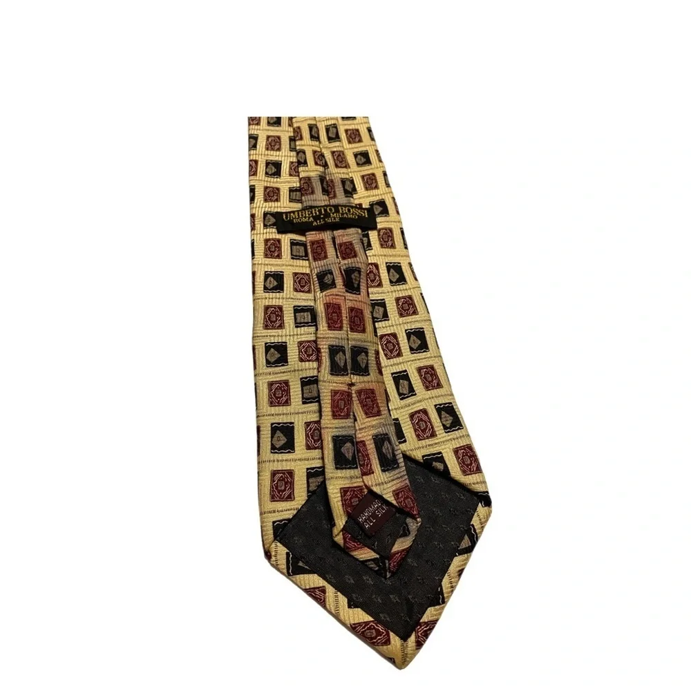 Umberto Bossi Tie Roma Milano Gold Black Red Geo Tip Bar Tac Hand Made 58 x 3.75